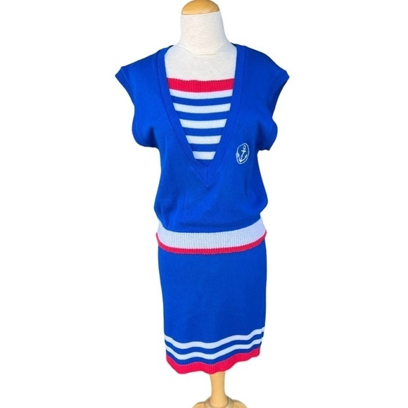Vintage B.B. Knit Nautical Sailor Knit Skirt Set Medium Red White Blue USA Made - Picture 1 of 9